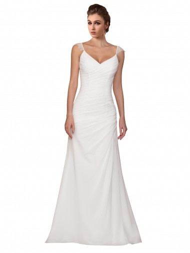 Ivory Sheath V-Neck Sleeveless Chapel Train Wedding Dress York