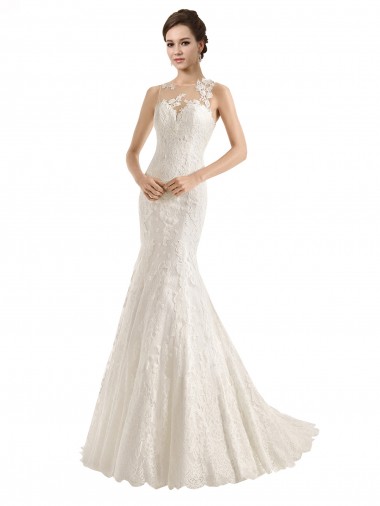 Ivory Mermaid Illusion Neck Chapel Train Wedding Dress York