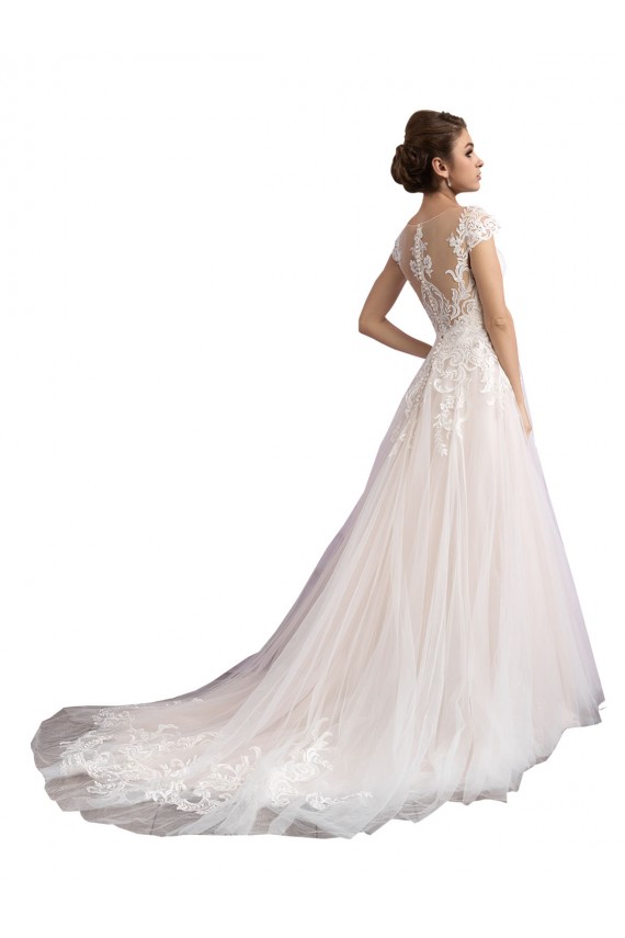 Ivory & Champagne A-Line Illusion Neck Cathedral Train Beach Wedding Dress York