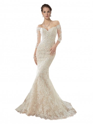 Ivory & Champagne Mermaid Off the Shoulder Chapel Train Wedding Dress York