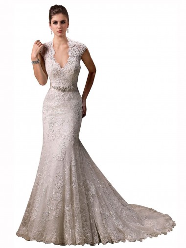 Ivory Mermaid V-Neck Chapel Train Wedding Dresses York