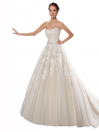 Ivory & Champagne A-Line Strapless Chapel Train Wedding Dress York