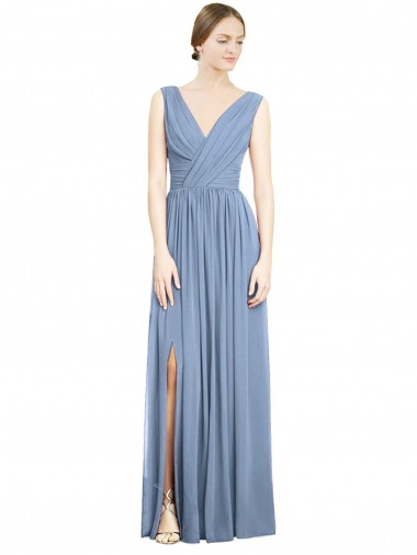 Dusty Blue A-Line V-Neck Long Semi Formal Evening Dress / Bridesmaid Dress York