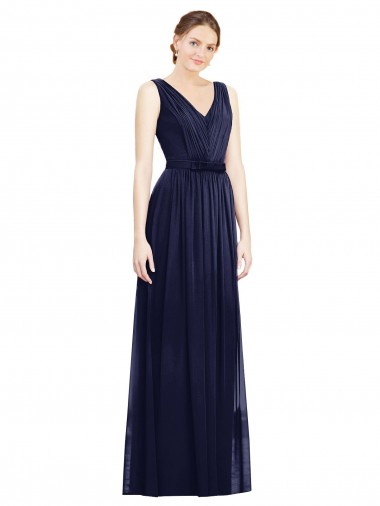 Dark Navy A-Line V-Neck Long Bridesmaid Gowns York