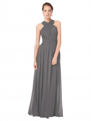 Keyhole Back Stormy Silver A-Line Halter Neck Long Bridesmaid Dress York