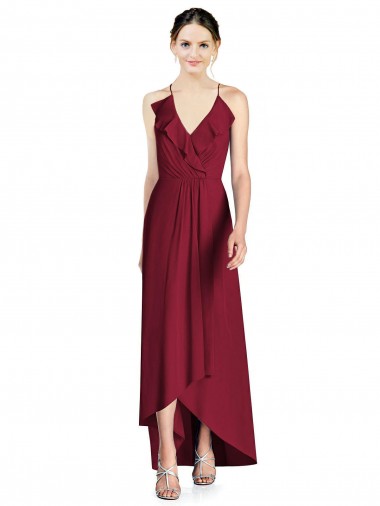 Open Back Burgundy A-Line V-Neck Long High Low Bridesmaid Dress York