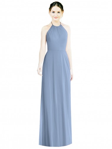 Low Back Dusty Blue A-Line Halter Neck Long Floor Length Bridesmaid Dress York