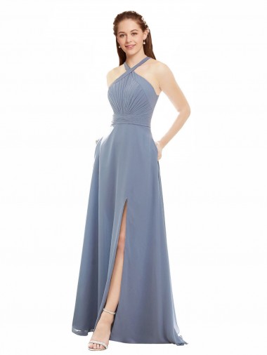 Dusty Blue A-Line High Neck Long Evening Dress / Bridal Party Dress York