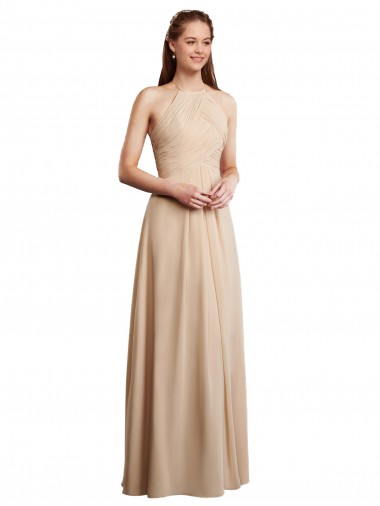 Low Back Champagne A-Line Halter Neck Long Bridesmaid Dress York