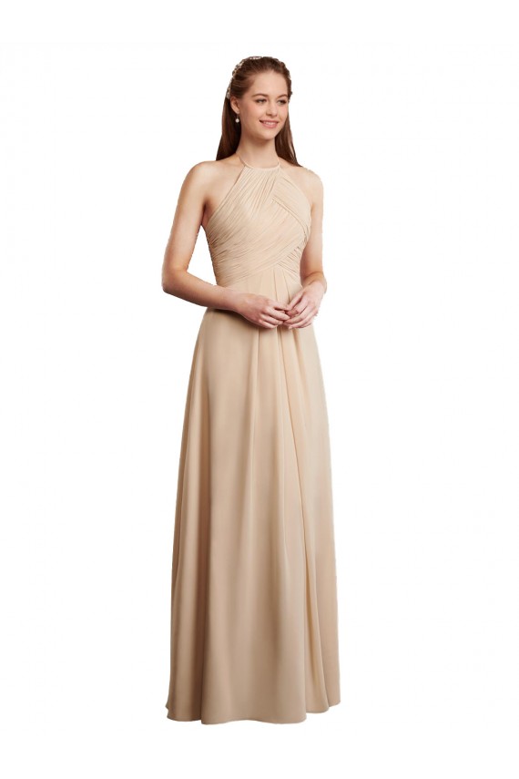 Low Back Champagne A-Line Halter Neck Long Bridesmaid Dress York