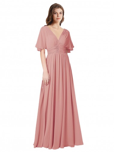 V-Back Bliss Pink A-Line V-Neck Long Bridesmaid Dress York