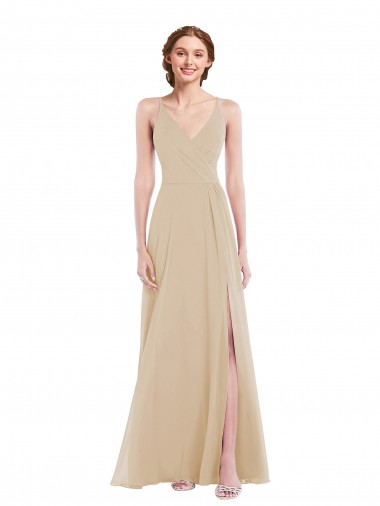 Open Back Champagne A-Line V-Neck Long Semi Formal Evening Dress / Bridesmaid Dress York