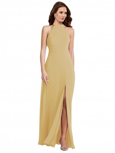 Open Back Gold A-Line Halter Neck Long Semi Formal Evening Dress / Bridesmaid Dress York