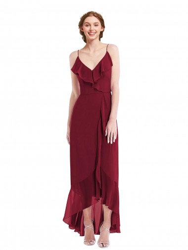 Low Back Burgundy A-Line V-Neck Long High Low Evening Gown / Bridesmaid Dress York