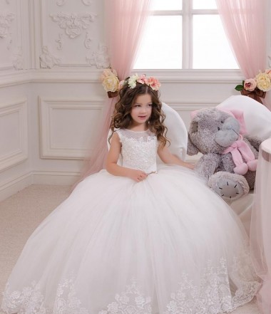 Ivory Ball Gown Bateau Neck Chapel Train Flower Girl Wedding Dress York