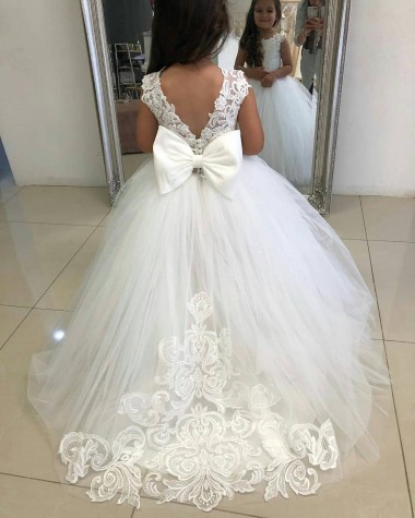 Ivory Ball Gown Bateau Neck Chapel Train Flower Girl Dress York