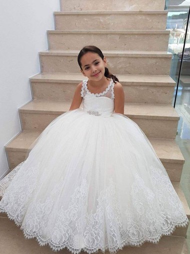 Keyhole Back Ivory Ball Gown High Neck Long Flower Girl Dress for Wedding York