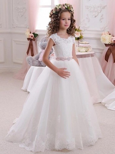 Keyhole Back Ivory Ball Gowns High Neck Long Flower Girl Dress York