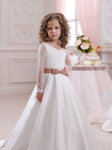 Ivory Ball Gown V-Neck Chapel Train Flower Girl Dress York