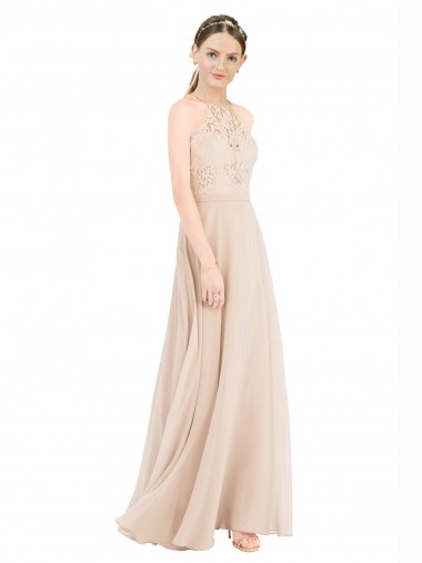 Keyhole Back Champagne A-Line High Neck Long Prom Dress / Bridesmaid Dress York