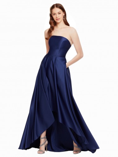 Low Back Dark Navy A-Line Strapless Long High Low Evening Gown / Prom Dress / Bridesmaid Dress York