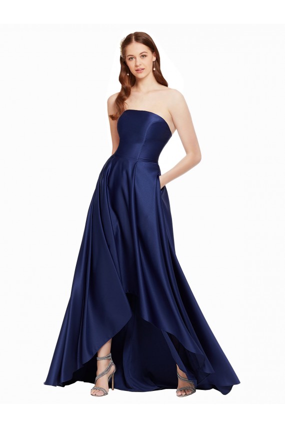 Low Back Dark Navy A-Line Strapless Long High Low Evening Gown / Prom Dress / Bridesmaid Dress York