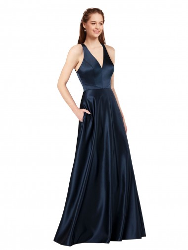 Keyhole Back Dark Navy A-Line V-Neck Long Formal Evening Gown / Prom Dress / Bridesmaid Dress York