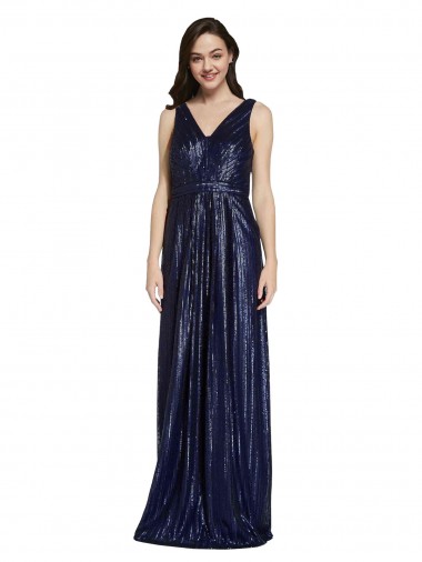 V-Back Dark Navy Sheath V-Neck Long Formal Evening Gown / Prom Dress / Bridesmaid Dress York