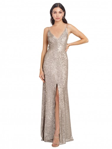 V-Back Silver Sheath High Neck Long Formal Evening Gown / Prom Dress / Bridesmaid Dress York