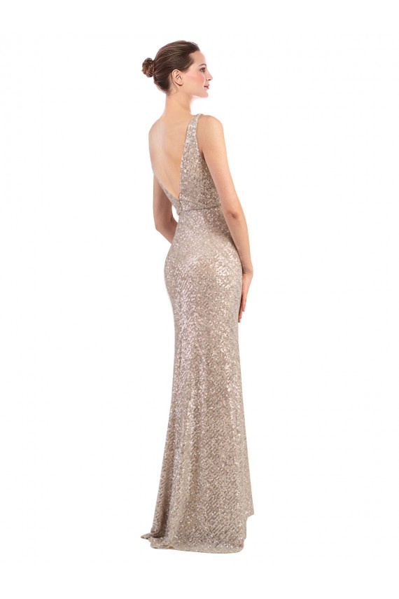 V-Back Silver Sheath V-Neck Long Formal Evening Gown / Prom Dress / Bridesmaid Dress York