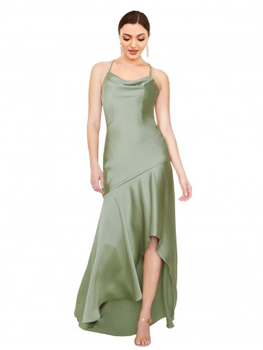 Open Back Smoke Green A-Line Cowl Neck Long High Low Evening Gown / Prom Dress / Bridesmaid Dress York