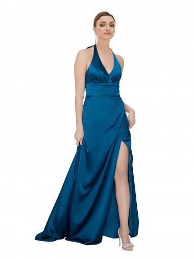 Open Back Peacock Blue A-Line Halter Neck Long Formal Evening Gown / Prom Dress / Bridesmaid Dress York