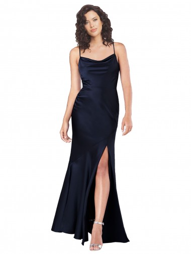 Dark Navy A-Line Cowl Neck Long Black Tie Evening Gown / Prom Dress / Bridesmaid Dress York