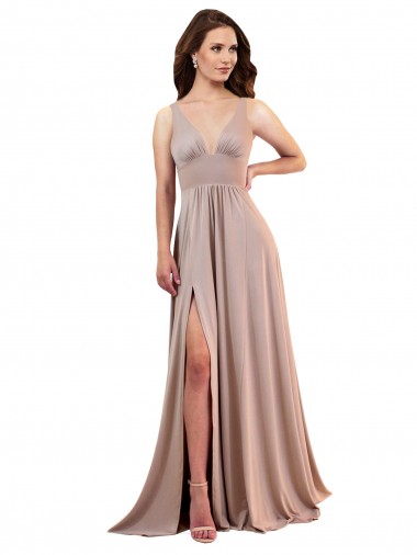 Low Back Dusty Pink A-Line V-Neck Long Black Tie Evening Gown / Prom Dress / Bridesmaid Dress York