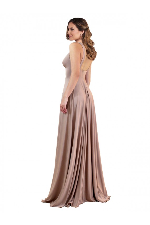 Low Back Dusty Pink A-Line V-Neck Long Black Tie Evening Gown / Prom Dress / Bridesmaid Dress York