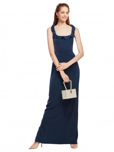 Low Back Dark Navy Sheath Scoop Neck Long Formal Evening Gown / Prom Dress / Bridesmaid Dress York