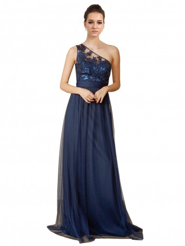 Dark Navy A-Line One Shoulder Sweep Train Bridesmaid Dress York