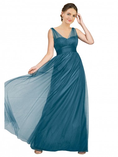 V-Back Teal Green A-Line V-Neck Long Bridesmaid Dress York