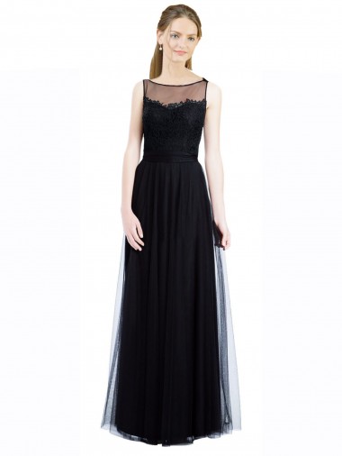 Low Back Black A-Line Illusion Neck Long Bridesmaid Dress York