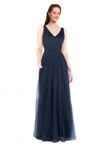 V-Back Dark Navy Sheath V-Neck Long Bridesmaid Dress York