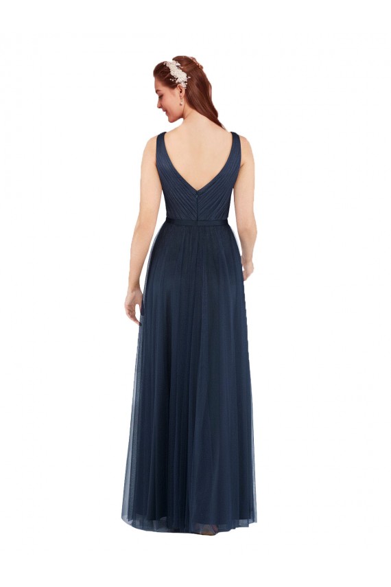 V-Back Dark Navy Sheath V-Neck Long Bridesmaid Dress York