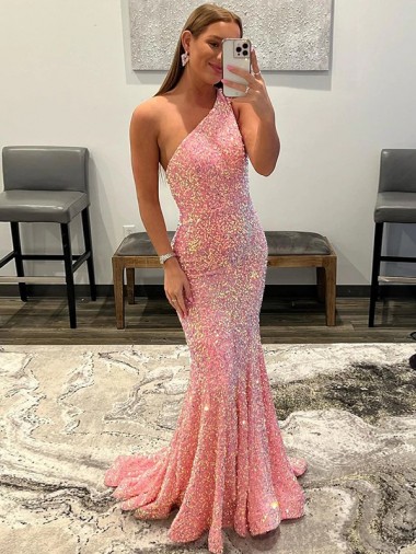 Pink Sheath One Shoulder Sweep Train Prom Dress York