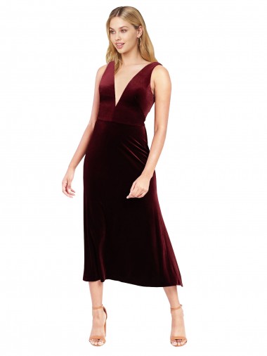 V-Back Burgundy A-Line V-Neck Midi Length Prom Dress / Bridesmaid Dress York