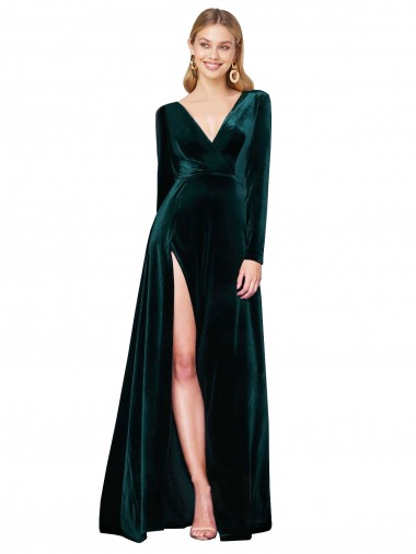 Dark Green A-Line V-Neck Sweep Train Black Tie Evening Gown / Prom Dress / Bridesmaid Dress York