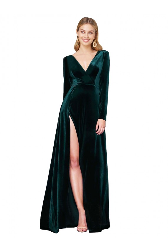 Dark Green A-Line V-Neck Sweep Train Black Tie Evening Gown / Prom Dress / Bridesmaid Dress York