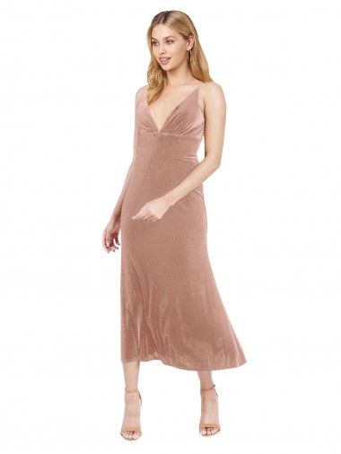 V-Back Pink A-Line V-Neck Midi Length Prom Dress / Bridesmaid Dress York