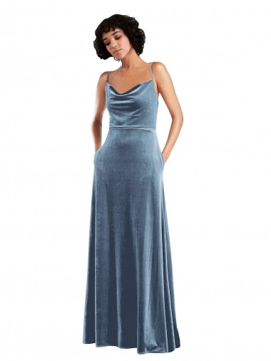 Open Back Dusty Blue Sheath Cowl Neck Long Semi Formal Evening Dress / Prom Dress / Bridesmaid Dress York