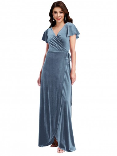 Dusty Blue A-Line V-Neck Long Black Tie Evening Gown / Prom Dress / Bridesmaid Dress York