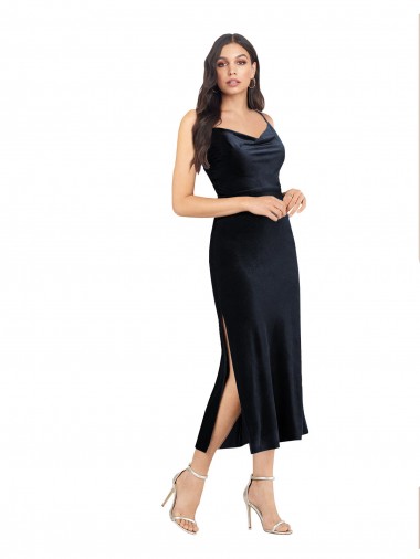 Low Back Dark Navy Column Cowl Neck Midi Length Formal Evening Gown / Prom Dress / Bridesmaid Dress York